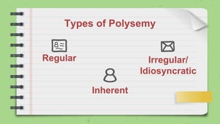 Inherent
Regular Irregular/
Idiosyncratic
Types of Polysemy
 
