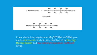 Linear short-chain polysiloxanes Me3Si(OSiMe2)nOSiMe3 are
used as silicone oils. Such oils are characterized by their high
thermal stability and low viscosity temperature coefficient
(VTC).
 