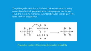 The propagation reaction is similar to that encountered in many
conventional anionic polymerizations using organic monomers.
Thus, the incoming monomer can insert between the ion-pair.This
leads to chain propagation.
Propagation reaction in the anionic polymerization of Me2SiO4
 