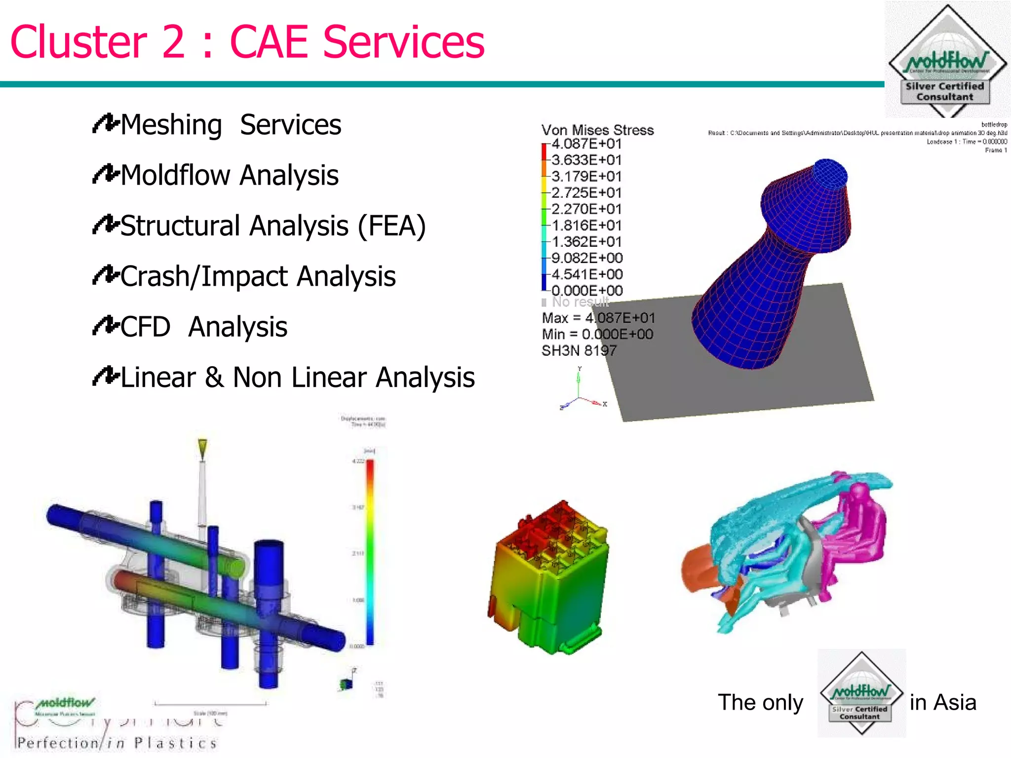 Cluster 2 : CAE Services Meshing  Services Moldflow Analysis Structural Analysis (FEA) Crash/Impact Analysis CFD  Analysis Linear & Non Linear Analysis 