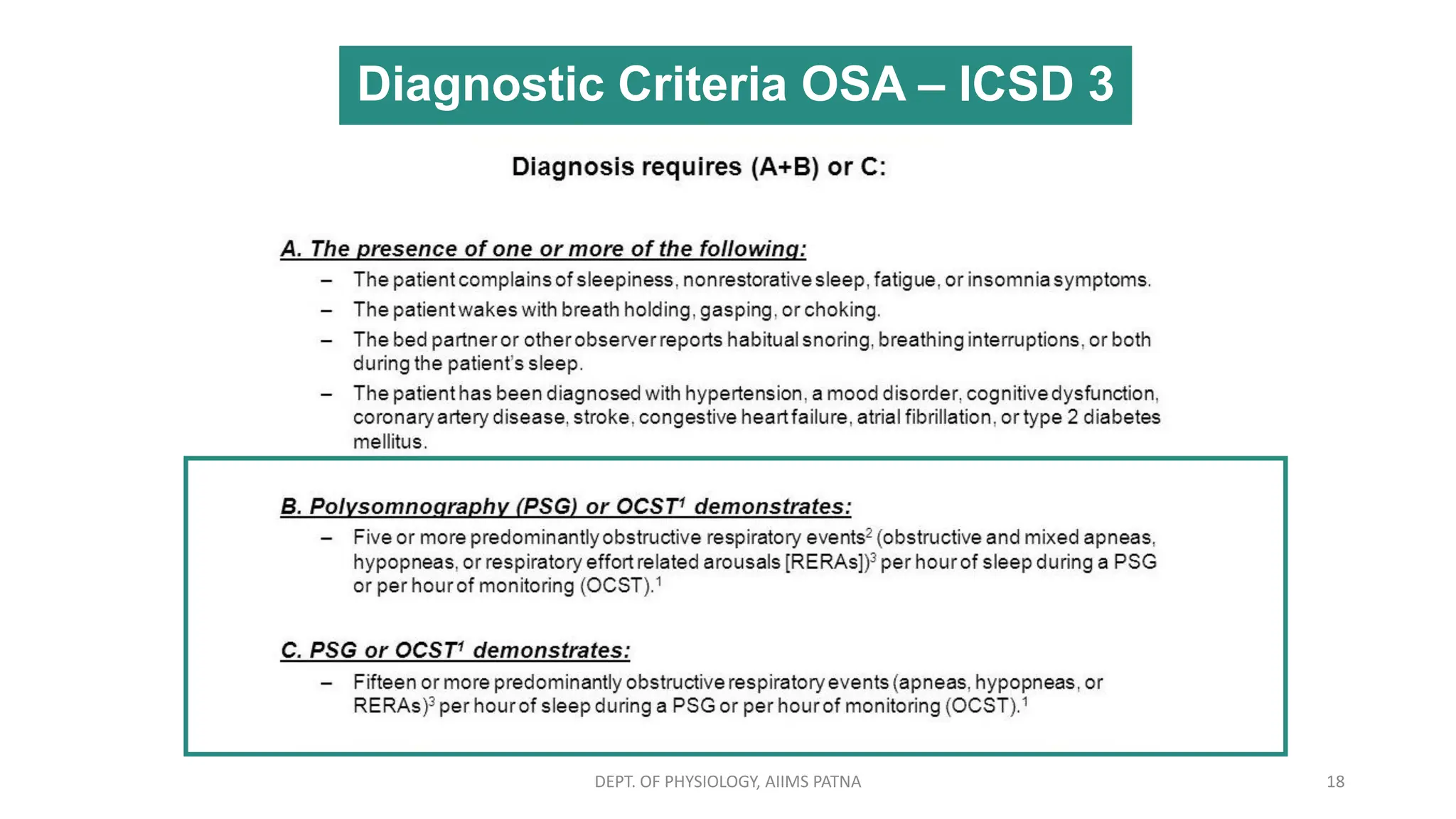 Diagnostic Criteria OSA – ICSD 3
DEPT. OF PHYSIOLOGY, AIIMS PATNA 18
 