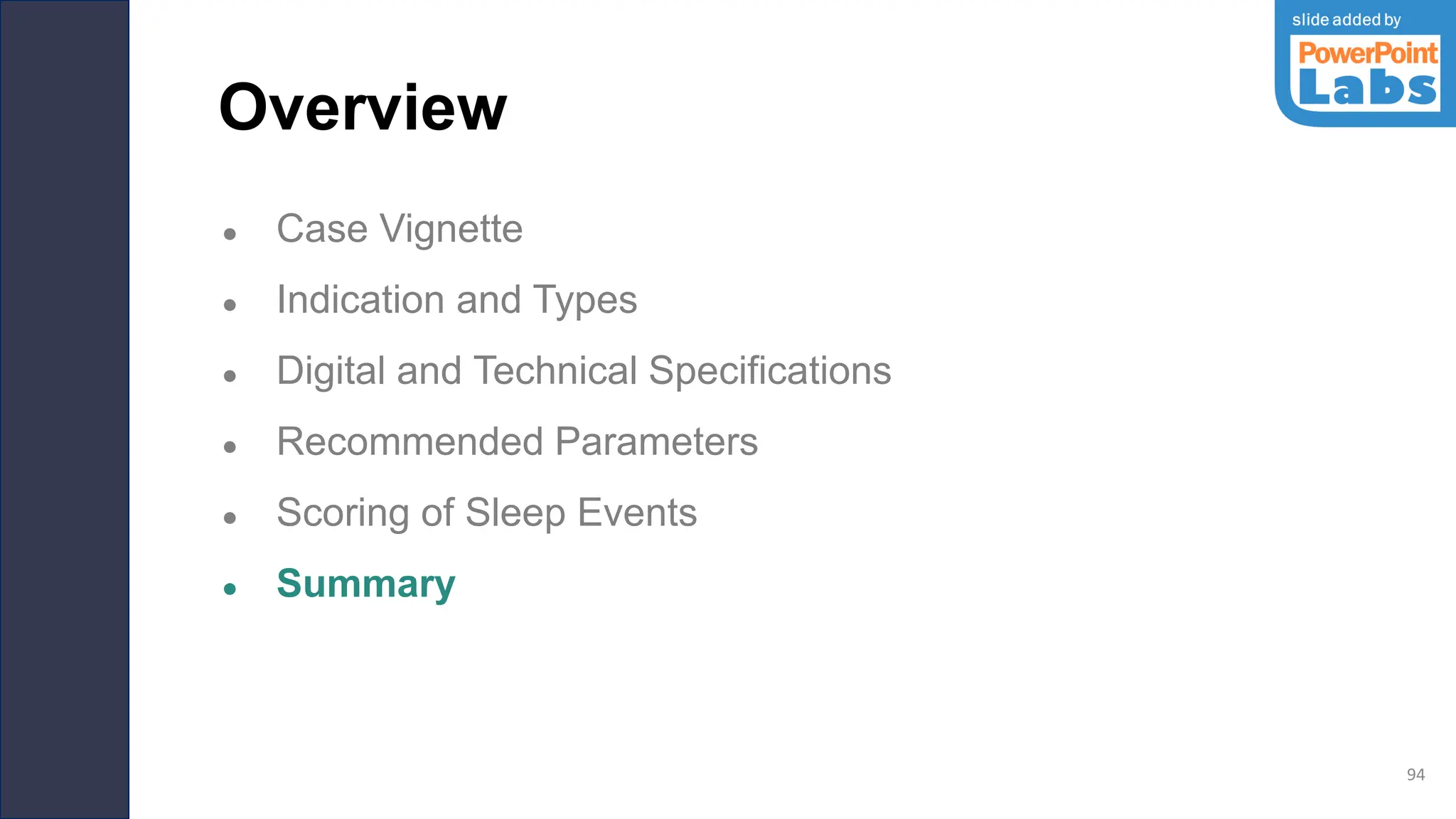 Overview
● Case Vignette
● Indication and Types
● Digital and Technical Specifications
● Recommended Parameters
● Scoring of Sleep Events
● Summary
94
 