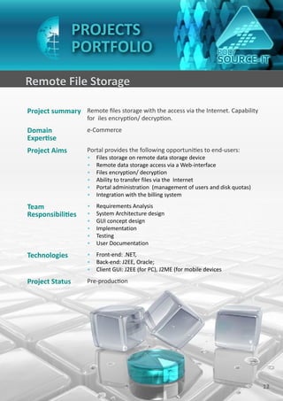 PROJECTS
                 PORTFOLIO
Remote File Storage

Project summary Remote files storage with the access via the Internet. Capability
                    for iles encryption/ decryption.
Domain              e-Commerce
Expertise
Project Aims        Portal provides the following opportunities to end-users:
                    •   Files storage on remote data storage device
                    •   Remote data storage access via a Web-interface
                    •   Files encryption/ decryption
                    •   Ability to transfer files via the Internet
                    •   Portal administration (management of users and disk quotas)
                    •   Integration with the billing system

Team                •   Requirements Analysis
Responsibilities    •   System Architecture design
                    •   GUI concept design
                    •   Implementation
                    •   Testing
                    •   User Documentation

Technologies        • Front-end: .NET,
                    • Back-end: J2EE, Oracle;
                    • Client GUI: J2EE (for PC), J2ME (for mobile devices

Project Status      Pre-production




                                                                                      12
 