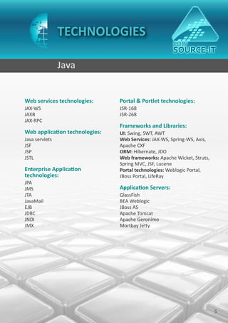 TECHNOLOGIES

                Java


Web services technologies:      Portal & Portlet technologies:
JAX-WS                          JSR-168
JAXB                            JSR-268
JAX-RPC
                                Frameworks and Libraries:
Web application technologies:   UI: Swing, SWT, AWT
Java servlets                   Web Services: JAX-WS, Spring-WS, Axis,
JSF                             Apache CXF
JSP                             ORM: Hibernate, JDO
JSTL                            Web frameworks: Apache Wicket, Struts,
                                Spring MVC, JSF, Lucene
Enterprise Application          Portal technologies: Weblogic Portal,
technologies:                   JBoss Portal, LifeRay
JPA
JMS                             Application Servers:
JTA                             GlassFish
JavaMail                        BEA Weblogic
EJB                             JBoss AS
JDBC                            Apache Tomcat
JNDI                            Apache Geronimo
JMX                             Mortbay Jetty




                                                                         5
 