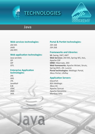 TECHNOLOGIES

                Java


Web services technologies:      Portal & Portlet technologies:
JAX-WS                          JSR-168
JAXB                            JSR-268
JAX-RPC
                                Frameworks and Libraries:
Web application technologies:   UI: Swing, SWT, AWT
Java servlets                   Web Services: JAX-WS, Spring-WS, Axis,
JSF                             Apache CXF
JSP                             ORM: Hibernate, JDO
JSTL                            Web frameworks: Apache Wicket, Struts,
                                Spring MVC, JSF, Lucene
Enterprise Application          Portal technologies: Weblogic Portal,
technologies:                   JBoss Portal, LifeRay
JPA
JMS                             Application Servers:
JTA                             GlassFish
JavaMail                        BEA Weblogic
EJB                             JBoss AS
JDBC                            Apache Tomcat
JNDI                            Apache Geronimo
JMX                             Mortbay Jetty




                                                                         5
 