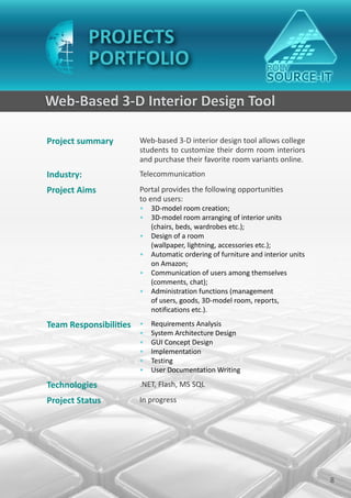 PROJECTS
            PORTFOLIO
Web-Based 3-D Interior Design Tool

Project summary        Web-based 3-D interior design tool allows college
                       students to customize their dorm room interiors
                       and purchase their favorite room variants online.
Industry:              Telecommunication
Project Aims           Portal provides the following opportunities
                       to end users:
                       • 3D-model room creation;
                       • 3D-model room arranging of interior units
                         (chairs, beds, wardrobes etc.);
                       • Design of a room
                         (wallpaper, lightning, accessories etc.);
                       • Automatic ordering of furniture and interior units
                         on Amazon;
                       • Communication of users among themselves
                         (comments, chat);
                       • Administration functions (management
                         of users, goods, 3D-model room, reports,
                         notifications etc.).

Team Responsibilities • Requirements Analysis
                       •   System Architecture Design
                       •   GUI Concept Design
                       •   Implementation
                       •   Testing
                       •   User Documentation Writing

Technologies           .NET, Flash, MS SQL
Project Status         In progress




                                                                              8
 
