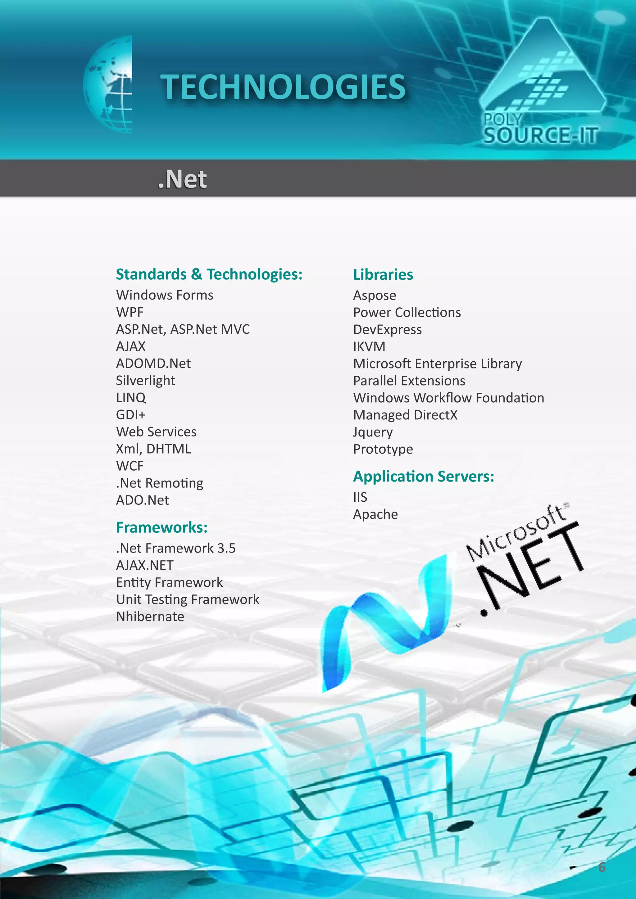 TECHNOLOGIES

      .Net


Standards & Technologies:   Libraries
Windows Forms               Aspose
WPF                         Power Collections
ASP.Net, ASP.Net MVC        DevExpress
AJAX                        IKVM
ADOMD.Net                   Microsoft Enterprise Library
Silverlight                 Parallel Extensions
LINQ                        Windows Workflow Foundation
GDI+                        Managed DirectX
Web Services                Jquery
Xml, DHTML                  Prototype
WCF
.Net Remoting               Application Servers:
ADO.Net                     IIS
                            Apache
Frameworks:
.Net Framework 3.5
AJAX.NET
Entity Framework
Unit Testing Framework
Nhibernate




                                                           6
 