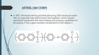 ASTREL (3M CORP)
 In 1967, Minnesota Mining and Manufacturing (3M) introduced astrel
360, an especially high performance thermoplastic, which requires
specialized equipment with extra heating and pressure capabilities for
processing. It has a glass transition temperature of 285 degree C.
 