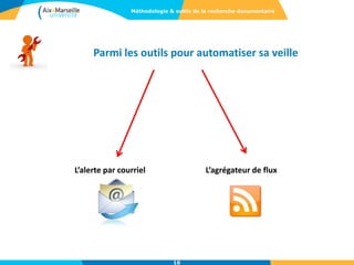 Parmi les outils pour automatiser sa veille
L’agrégateur de fluxL’alerte par courriel
10
Méthodologie & outils de la recherche documentaire
 