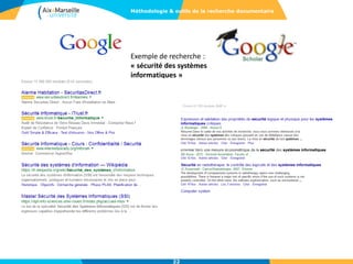 Méthodologie & outils de la recherche documentaire
22
Exemple de recherche :
« sécurité des systèmes
informatiques »
 