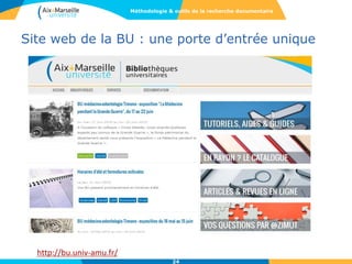 Site web de la BU : une porte d’entrée unique
Méthodologie & outils de la recherche documentaire
24
Catalogue
Revues en ligne
Toutes nos ressources
électroniques
http://bu.univ-amu.fr/
 