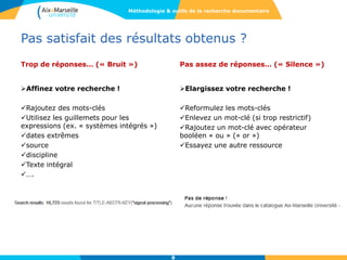 Pas satisfait des résultats obtenus ?
Trop de réponses… (« Bruit »)
Affinez votre recherche !
Rajoutez des mots-clés
Utilisez les guillemets pour les
expressions (ex. « systèmes intégrés »)
dates extrêmes
source
discipline
Texte intégral
….
Pas assez de réponses… (« Silence »)
Elargissez votre recherche !
Reformulez les mots-clés
Enlevez un mot-clé (si trop restrictif)
Rajoutez un mot-clé avec opérateur
booléen « ou » (« or »)
Essayez une autre ressource
Méthodologie & outils de la recherche documentaire
8
 