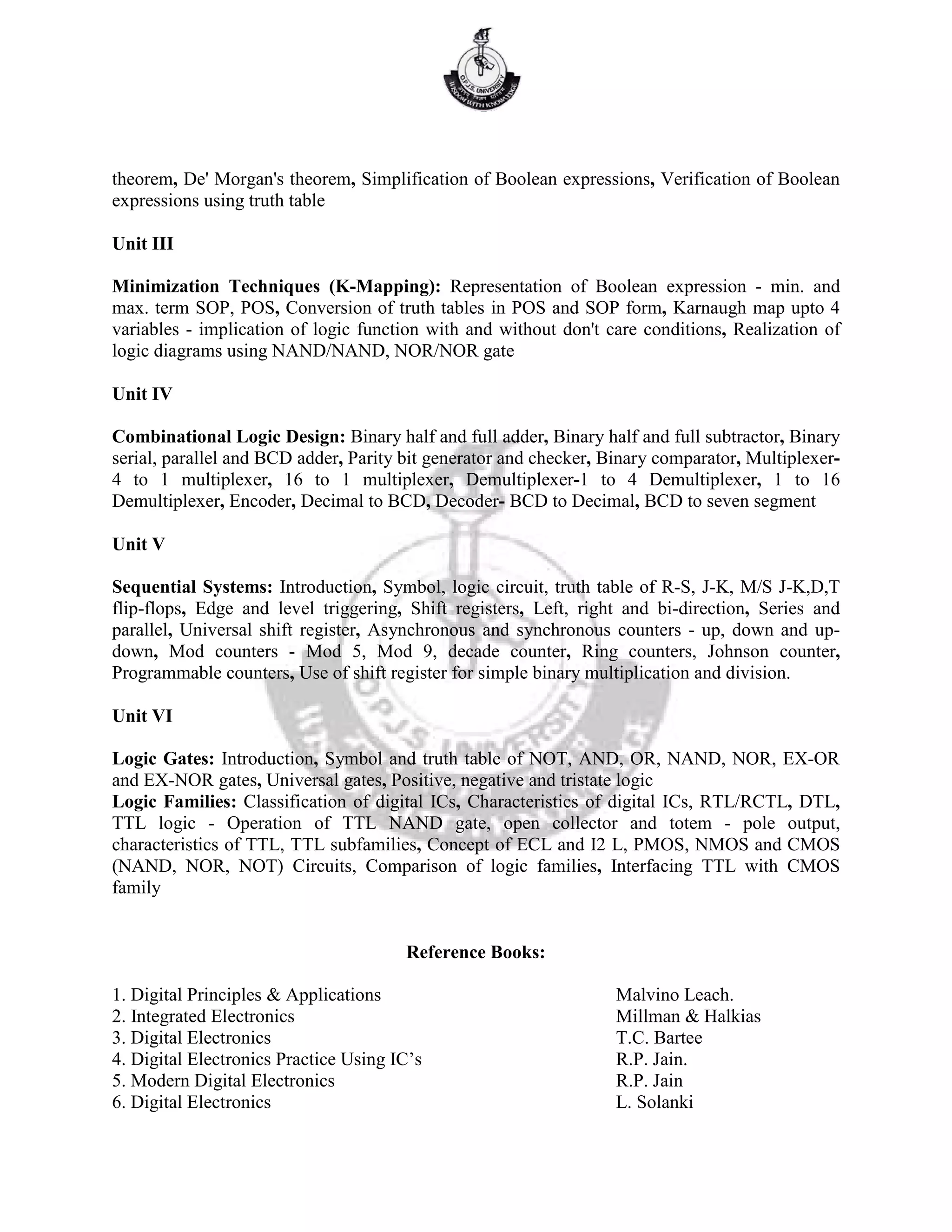 theorem, De' Morgan's theorem, Simplification of Boolean expressions, Verification of Boolean
expressions using truth table
Unit III
Minimization Techniques (K-Mapping): Representation of Boolean expression - min. and
max. term SOP, POS, Conversion of truth tables in POS and SOP form, Karnaugh map upto 4
variables - implication of logic function with and without don't care conditions, Realization of
logic diagrams using NAND/NAND, NOR/NOR gate
Unit IV
Combinational Logic Design: Binary half and full adder, Binary half and full subtractor, Binary
serial, parallel and BCD adder, Parity bit generator and checker, Binary comparator, Multiplexer-
4 to 1 multiplexer, 16 to 1 multiplexer, Demultiplexer-1 to 4 Demultiplexer, 1 to 16
Demultiplexer, Encoder, Decimal to BCD, Decoder- BCD to Decimal, BCD to seven segment
Unit V
Sequential Systems: Introduction, Symbol, logic circuit, truth table of R-S, J-K, M/S J-K,D,T
flip-flops, Edge and level triggering, Shift registers, Left, right and bi-direction, Series and
parallel, Universal shift register, Asynchronous and synchronous counters - up, down and up-
down, Mod counters - Mod 5, Mod 9, decade counter, Ring counters, Johnson counter,
Programmable counters, Use of shift register for simple binary multiplication and division.
Unit VI
Logic Gates: Introduction, Symbol and truth table of NOT, AND, OR, NAND, NOR, EX-OR
and EX-NOR gates, Universal gates, Positive, negative and tristate logic
Logic Families: Classification of digital ICs, Characteristics of digital ICs, RTL/RCTL, DTL,
TTL logic - Operation of TTL NAND gate, open collector and totem - pole output,
characteristics of TTL, TTL subfamilies, Concept of ECL and I2 L, PMOS, NMOS and CMOS
(NAND, NOR, NOT) Circuits, Comparison of logic families, Interfacing TTL with CMOS
family
Reference Books:
1. Digital Principles & Applications Malvino Leach.
2. Integrated Electronics Millman & Halkias
3. Digital Electronics T.C. Bartee
4. Digital Electronics Practice Using IC’s R.P. Jain.
5. Modern Digital Electronics R.P. Jain
6. Digital Electronics L. Solanki
 