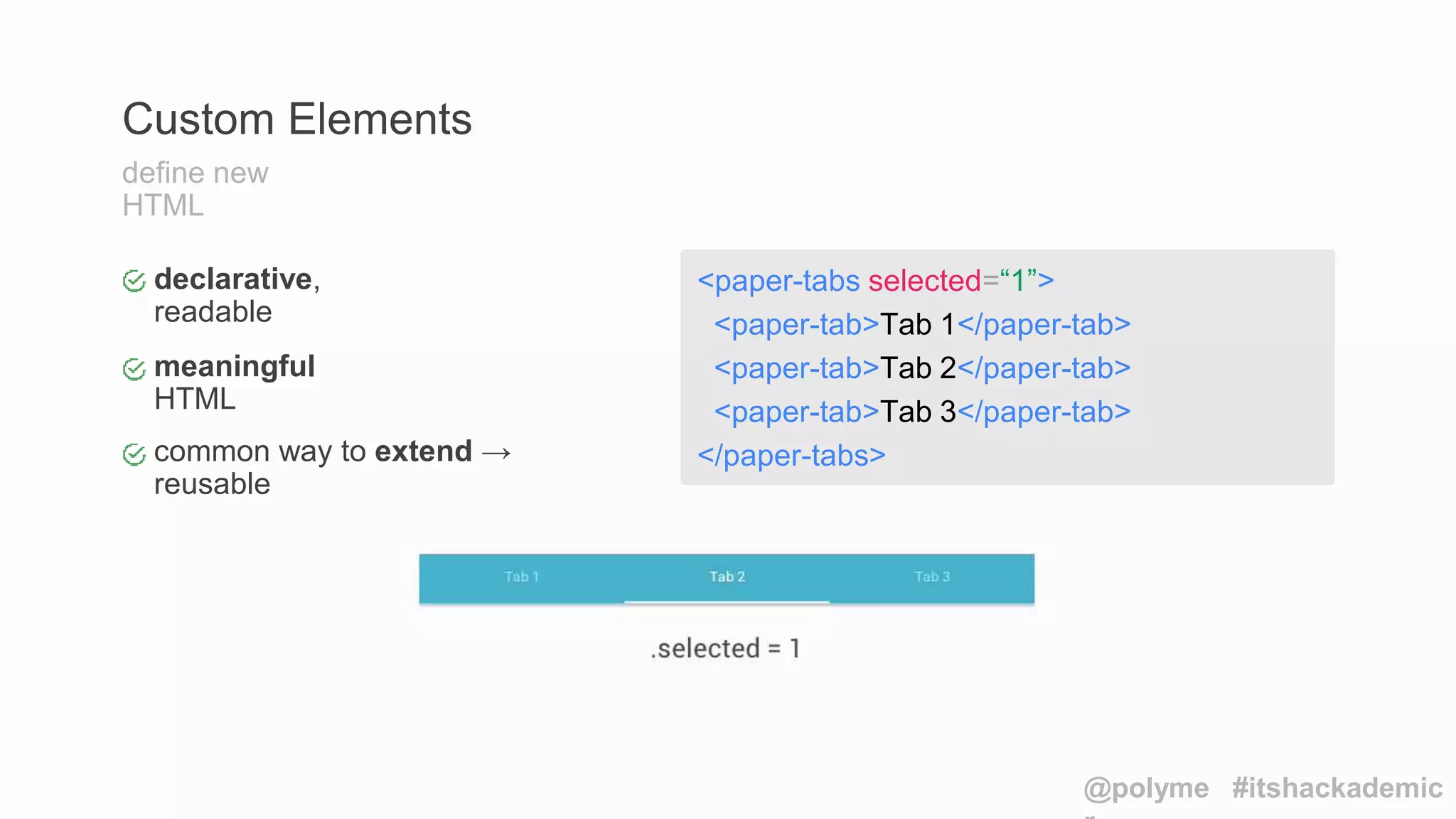 <paper-tabs selected=“1”>
<paper-tab>Tab 1</paper-tab>
<paper-tab>Tab 2</paper-tab>
<paper-tab>Tab 3</paper-tab>
</paper-tabs>
declarative,
readable
meaningful
HTML
common way to extend →
reusable
Custom Elements
define new
HTML
@polyme #itshackademic
 