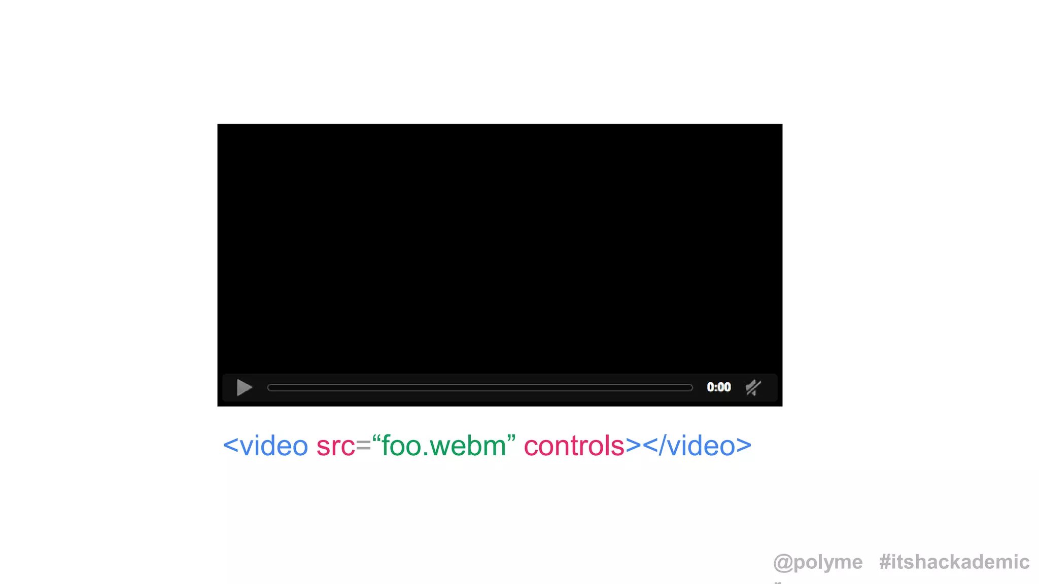 <video src=“foo.webm” controls></video>
@polyme #itshackademic
 