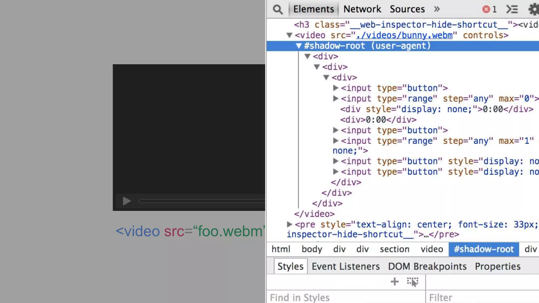 <video src=“foo.webm” controls></video>
 