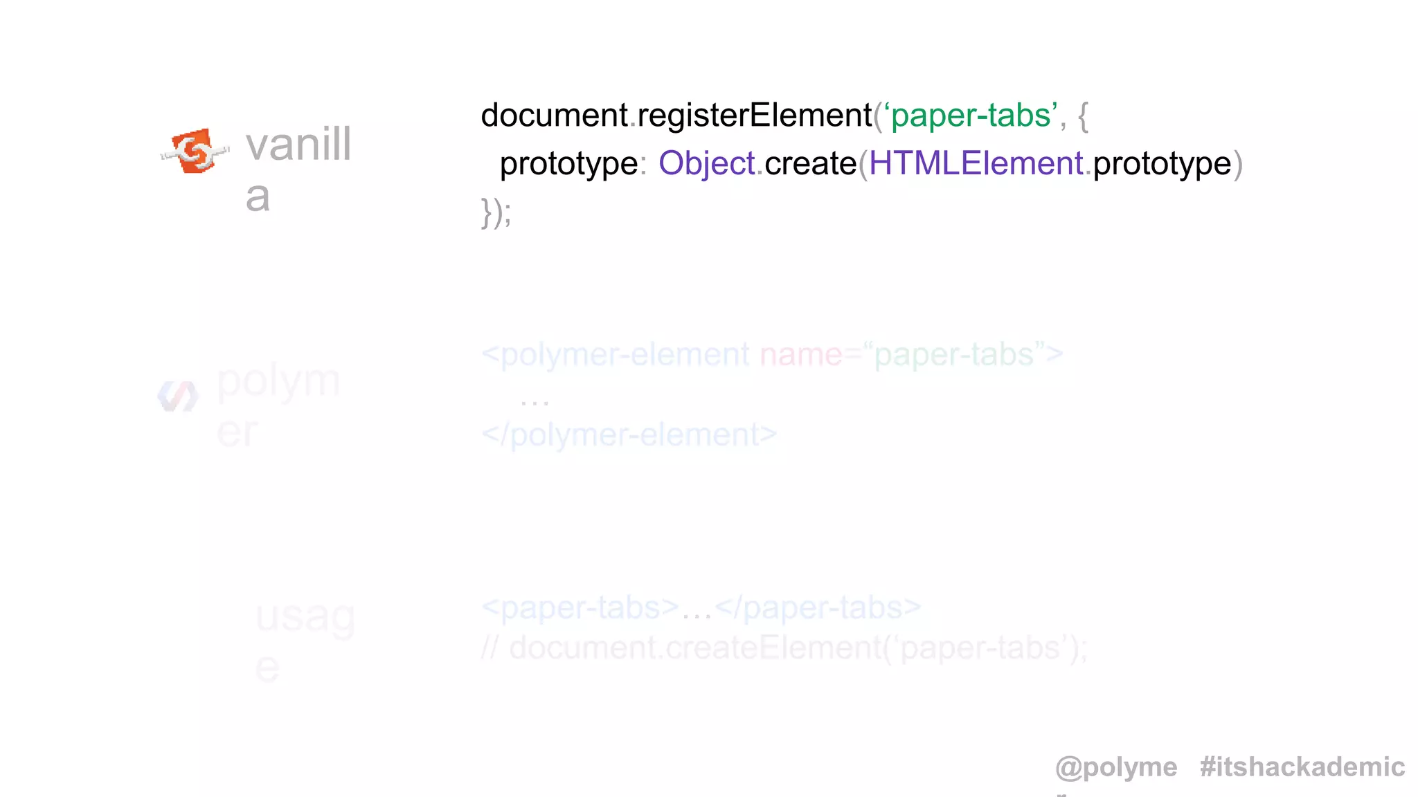 document.registerElement(‘paper-tabs’, {
prototype: Object.create(HTMLElement.prototype)
});
vanill
a
polym
er
<polymer-element name=“paper-tabs”>
…
</polymer-element>
usag
e
<paper-tabs>…</paper-tabs>
// document.createElement(‘paper-tabs’);
@polyme #itshackademic
 
