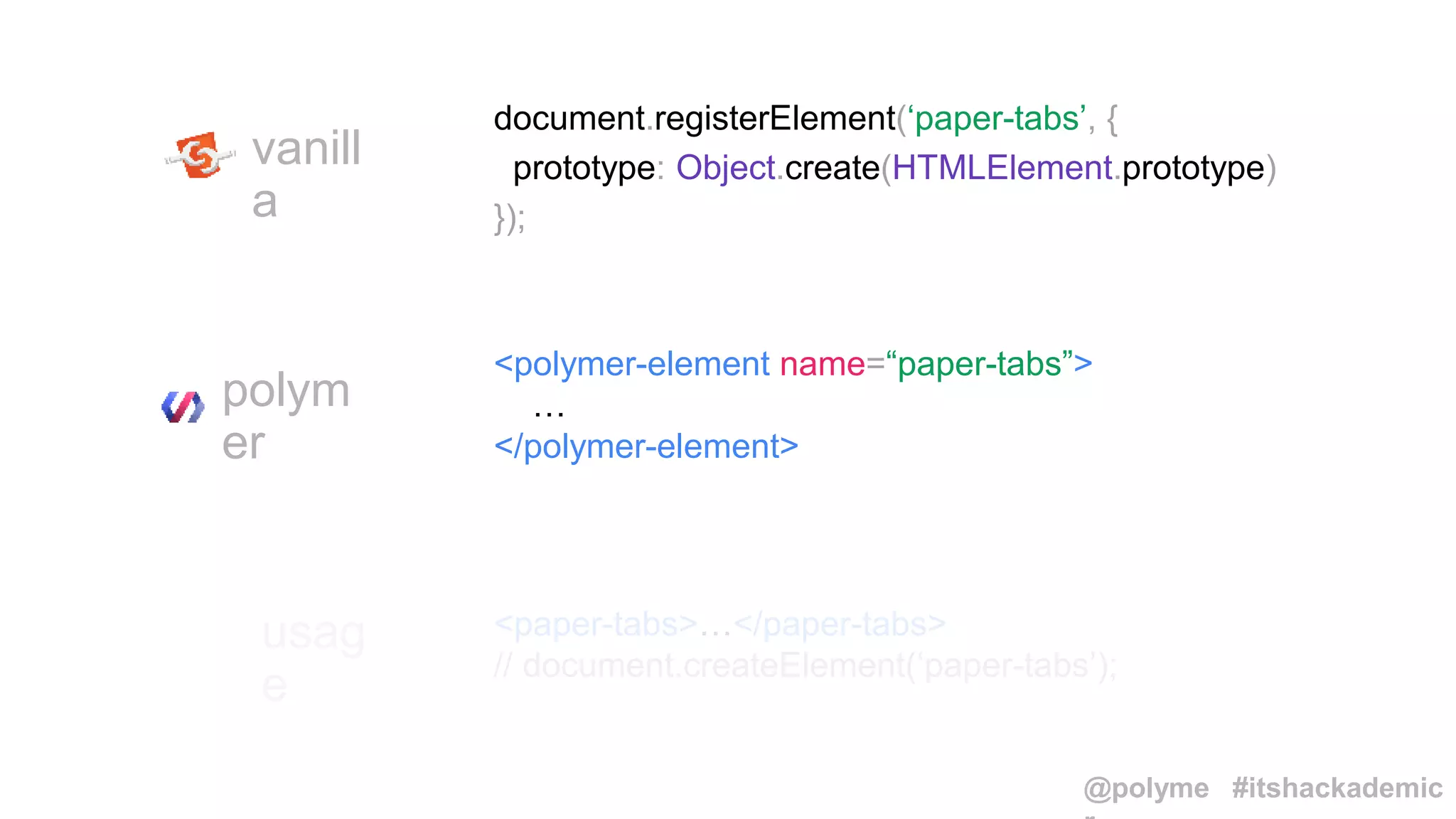 vanill
a
polym
er
<polymer-element name=“paper-tabs”>
…
</polymer-element>
usag
e
<paper-tabs>…</paper-tabs>
// document.createElement(‘paper-tabs’);
document.registerElement(‘paper-tabs’, {
prototype: Object.create(HTMLElement.prototype)
});
@polyme #itshackademic
 