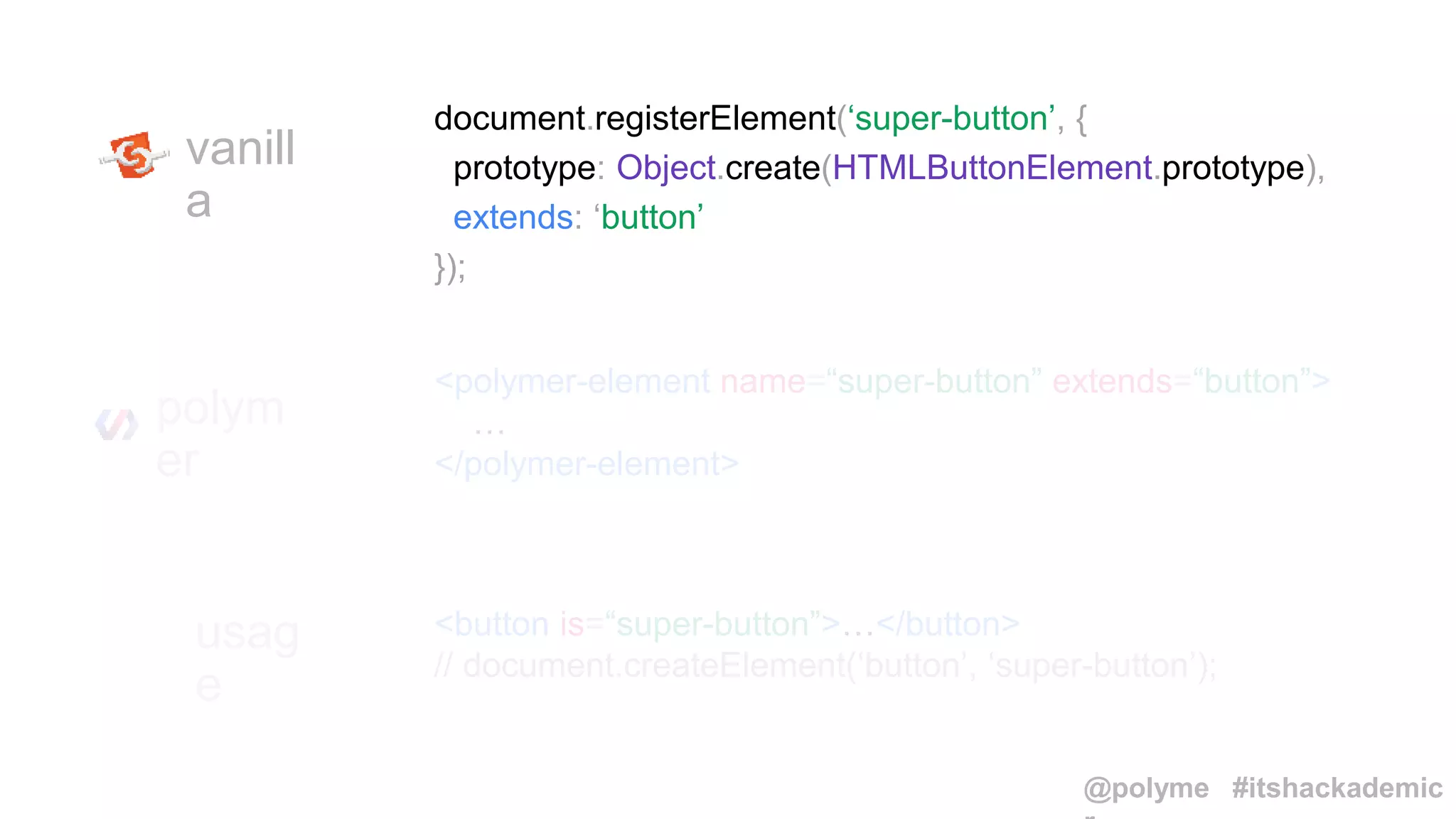 vanill
a
polym
er
<polymer-element name=“super-button” extends=“button”>
…
</polymer-element>
usag
e
<button is=“super-button”>…</button>
// document.createElement(‘button’, ‘super-button’);
document.registerElement(‘super-button’, {
prototype: Object.create(HTMLButtonElement.prototype),
extends: ‘button’
});
@polyme #itshackademic
 