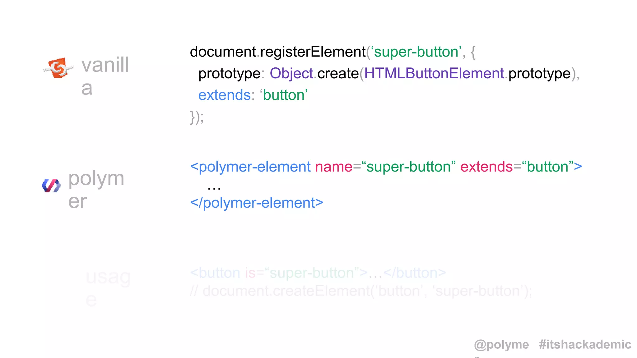 vanill
a
polym
er
<polymer-element name=“super-button” extends=“button”>
…
</polymer-element>
usag
e
<button is=“super-button”>…</button>
// document.createElement(‘button’, ‘super-button’);
document.registerElement(‘super-button’, {
prototype: Object.create(HTMLButtonElement.prototype),
extends: ‘button’
});
@polyme #itshackademic
 