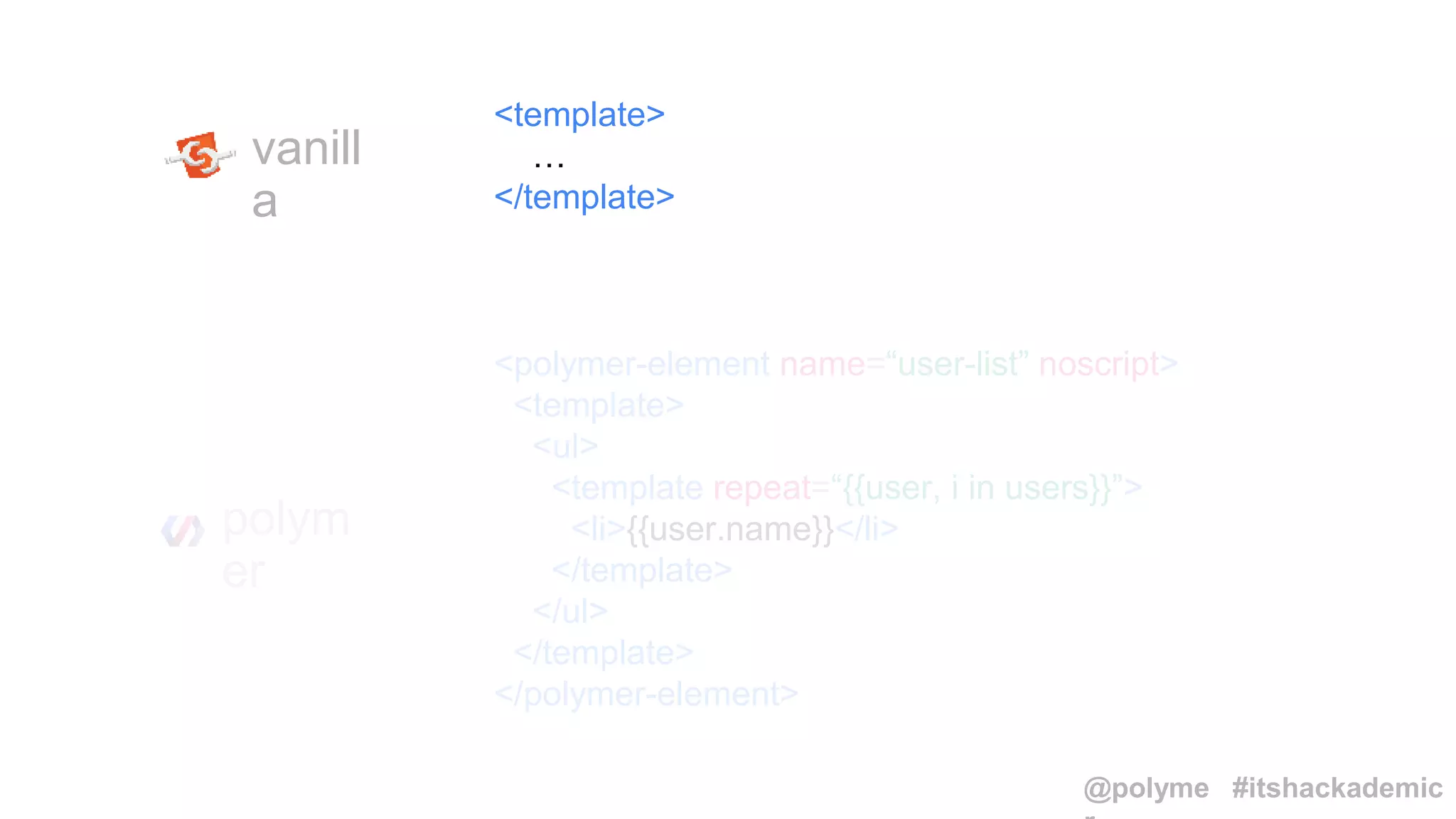 vanill
a
polym
er
<polymer-element name=“user-list” noscript>
<template>
<ul>
<template repeat=“{{user, i in users}}”>
<li>{{user.name}}</li>
</template>
</ul>
</template>
</polymer-element>
<template>
…
</template>
@polyme #itshackademic
 