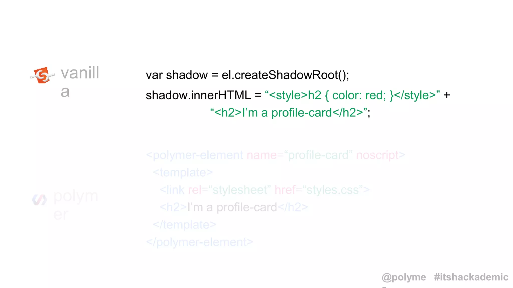 var shadow = el.createShadowRoot();
shadow.innerHTML = “<style>h2 { color: red; }</style>” +
“<h2>I’m a profile-card</h2>”;
vanill
a
<polymer-element name=“profile-card” noscript>
<template>
<link rel=“stylesheet” href=“styles.css”>
<h2>I’m a profile-card</h2>
</template>
</polymer-element>
polym
er
@polyme #itshackademic
 