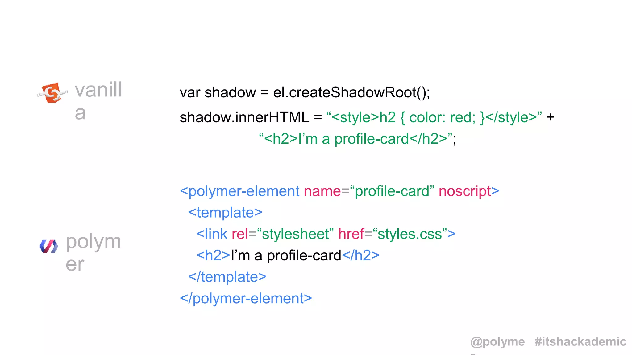 var shadow = el.createShadowRoot();
shadow.innerHTML = “<style>h2 { color: red; }</style>” +
“<h2>I’m a profile-card</h2>”;
vanill
a
<polymer-element name=“profile-card” noscript>
<template>
<link rel=“stylesheet” href=“styles.css”>
<h2>I’m a profile-card</h2>
</template>
</polymer-element>
polym
er
@polyme #itshackademic
 