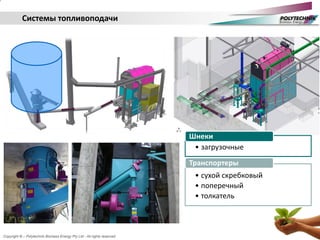 Copyright © – Polytechnik Biomass Energy Pty Ltd - All rights reserved
Системы топливоподачи
• загрузочные
Шнеки
• сухой скребковый
• поперечный
• толкатель
Транспортеры
 