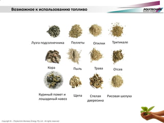 Copyright © – Polytechnik Biomass Energy Pty Ltd - All rights reserved
Возможное к использованию топливо
Лузга подсолнечника Пеллеты Опилки Тритикале
Кора Пыль Трава Отсев
Щепа Спелая
двересина
Рисовая шелухаКуриный помет и
лошадиный навоз
 
