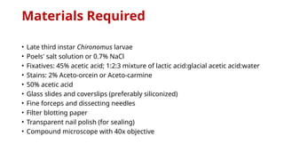 Materials Required
• Late third instar Chironomus larvae
• Poels' salt solution or 0.7% NaCl
• Fixatives: 45% acetic acid; 1:2:3 mixture of lactic acid:glacial acetic acid:water
• Stains: 2% Aceto-orcein or Aceto-carmine
• 50% acetic acid
• Glass slides and coverslips (preferably siliconized)
• Fine forceps and dissecting needles
• Filter blotting paper
• Transparent nail polish (for sealing)
• Compound microscope with 40x objective
 