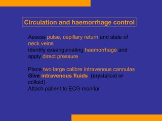 Assess  pulse, capillary return  and state of  neck veins   Identify exsanguinating  haemorrhage  and apply  direct pressure   Place  two large calibre intravenous cannulas   Give  intravenous fluids   (c rystalloid or colloid) Attach patient to ECG monitor   Circulation and haemorrhage control 