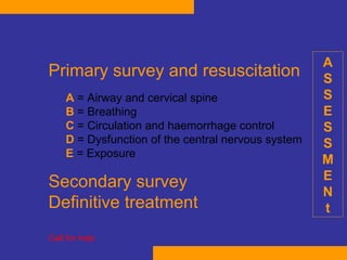 Primary survey and resuscitation   A  = Airway and cervical spine  B  = Breathing  C  = Circulation and haemorrhage control  D  = Dysfunction of the central nervous system  E  = Exposure Secondary survey   Definitive treatment Call for help A S S E S S M E N t 