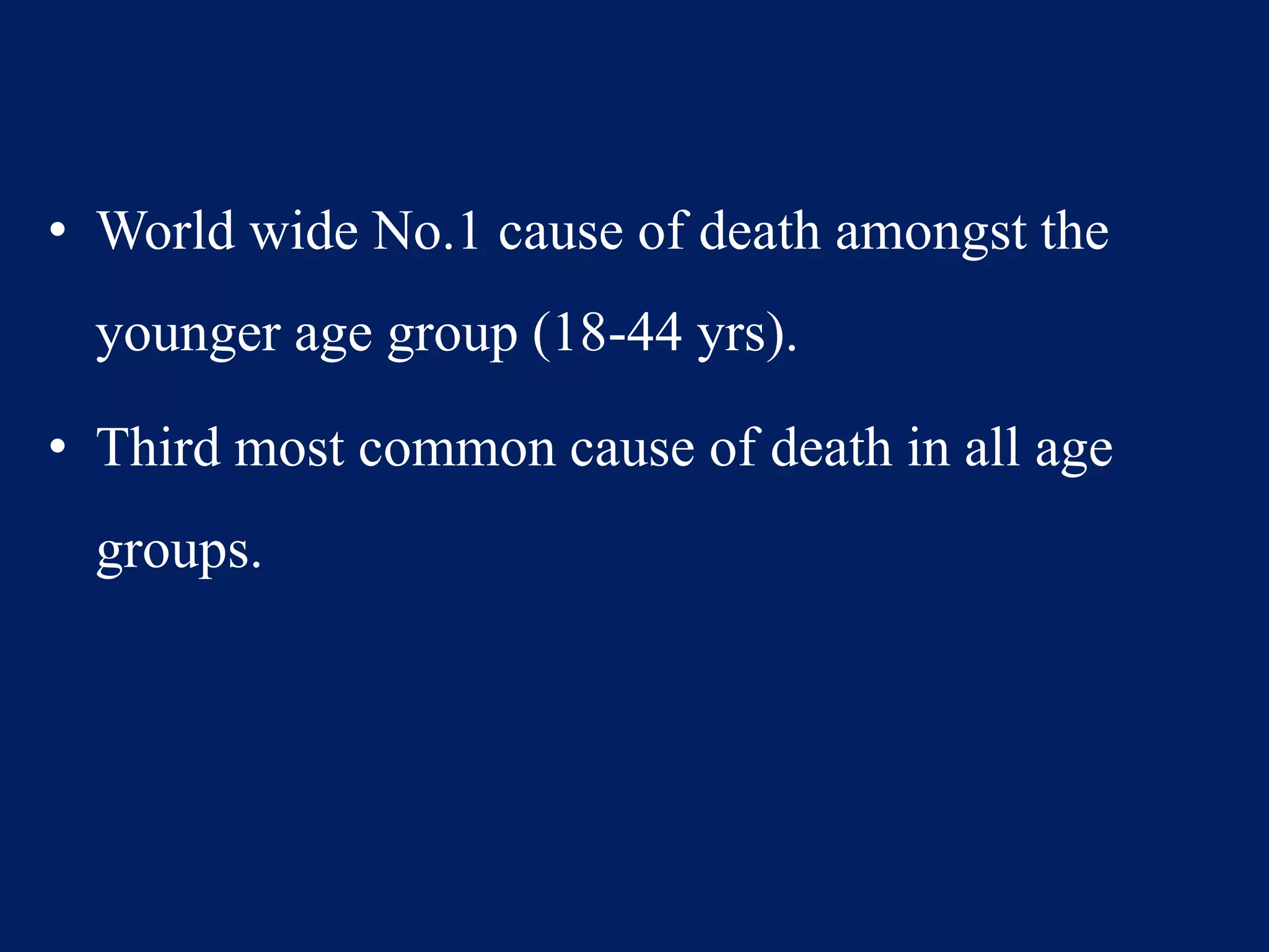 • World wide No.1 cause of death amongst the
younger age group (18-44 yrs).
• Third most common cause of death in all age
groups.
 