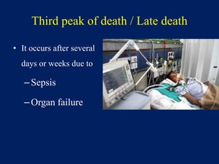 Third peak of death / Late death
• It occurs after several
days or weeks due to
–Sepsis
–Organ failure
 