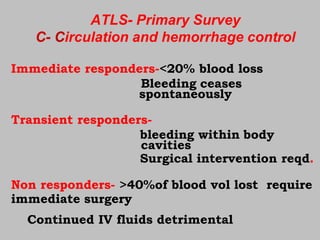ATLS- Primary Survey
C- Circulation and hemorrhage control
Immediate responders-<20% blood loss
Bleeding ceases
spontaneously
Transient responders-
bleeding within body
cavities
Surgical intervention reqd.
Non responders- <40%of blood vol lost require
immediate surgery
Continued IV fluids detrimental
 