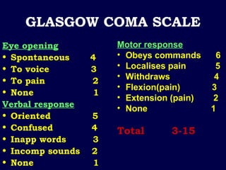Secondary survey (ATLS)
• Comprises of head to toe examn of the
stable pt
• Requires
Detailed history
Thorough examination
check the vital signs monitoring devices
-pulse oximeter
-rectal thermometer
• Detailed radiographic procedures
-C.T., USG, M.R.I.
 