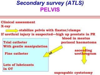 Secondary survey (ATLS)
ABDOMEN
• Fingers and tubes in every orifice
• Nasogastric and Urinary catheter for
diagnosis and treatment
• Rectal exam
• Wounds coverage
• Eviscerated bowels packed by warm
wet mops
 
