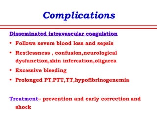 Complications
A.R.D.S.A.R.D.S.
• Tachypnoea
• Dyspnoea
• Bilateral infiltrates in C XR
Treated with mechanical ventilation CPAP
with or without PEEP
Glucocorticoids
Inhaled nitric oxide
 