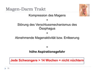 Magen-Darm Trakt 
Kompression des Magens 
+ 
Störung des Verschlussmechanismus des Ösophagus 
+ 
Abnehmende Magenaktivität bzw. Entleerung 
= 
höhe Aspirationsgefahr 
Jede Schwangere > 14 Wochen = nicht nüchtern 
11  