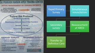Rapid Primary
Survey
Simultaneous
resuscitation
Secondary
survey
Reassessment
of ABCD
Transfer to
Definitive Care
 