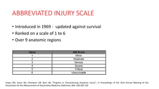 ABBREVIATED INJURY SCALE
• Introduced in 1969 - updated against survival
• Ranked on a scale of 1 to 6
• Over 9 anatomic regions
Copes WS, Sacco WJ, Champion HR, Bain LW, "Progress in Characterising Anatomic Injury", In Proceedings of the 33rd Annual Meeting of the
Association for the Advancement of Automotive Medicine, Baltimore, MA, USA 205-218
 