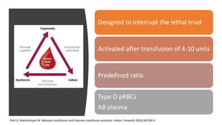 Massive
Transfusion
Protocol
Designed to interrupt the lethal triad
Activated after transfusion of 4-10 units
Predefined ratio
Type O pRBCs
AB plasma
Patil V, Shetmahajan M. Massive transfusion and massive transfusion protocol. Indian J Anaesth 2014;58:590-5
 