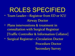 ROLES SPECIFIED 
• Team Leader—Registrar from ED or ICU 
Airway Doctor 
• Plans interventions & treatment in 
consultation with Surgical Registrar 
[Traffic Controller & Information Collator] 
• Surgical Registrar—Circulation Doctor 
Procedure Doctor 
Secondary Survey 
 