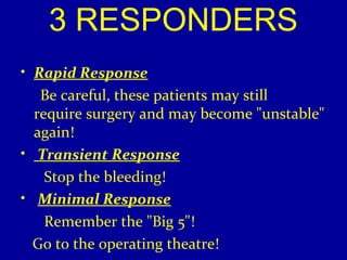 3 RESPONDERS 
• Rapid Response 
Be careful, these patients may still 
require surgery and may become "unstable" 
again! 
• Transient Response 
Stop the bleeding! 
• Minimal Response 
Remember the "Big 5"! 
Go to the operating theatre! 
 