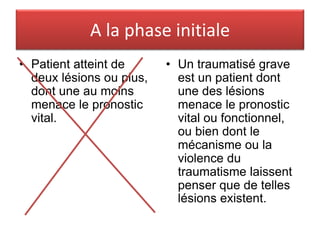 A la phase initiale
• Patient atteint de
deux lésions ou plus,
dont une au moins
menace le pronostic
vital.
• Un traumatisé grave
est un patient dont
une des lésions
menace le pronostic
vital ou fonctionnel,
ou bien dont le
mécanisme ou la
violence du
traumatisme laissent
penser que de telles
lésions existent.
 