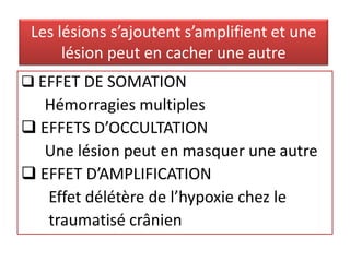  EFFET DE SOMATION
Hémorragies multiples
 EFFETS D’OCCULTATION
Une lésion peut en masquer une autre
 EFFET D’AMPLIFICATION
Effet délétère de l’hypoxie chez le
traumatisé crânien
Les lésions s’ajoutent s’amplifient et une
lésion peut en cacher une autre
 