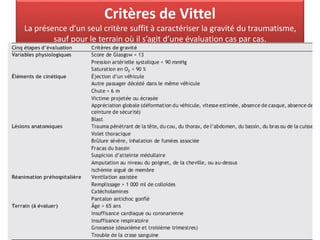 Critères de Vittel
La présence d’un seul critère suffit à caractériser la gravité du traumatisme,
sauf pour le terrain où il s’agit d’une évaluation cas par cas.
 