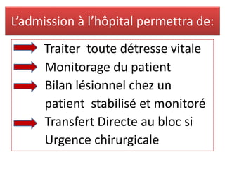 L’admission à l’hôpital permettra de:
Traiter toute détresse vitale
Monitorage du patient
Bilan lésionnel chez un
patient stabilisé et monitoré
Transfert Directe au bloc si
Urgence chirurgicale
 