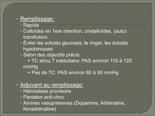 • Remplissage:
 Rapide
 Colloïdes en 1ere intention, cristalloïdes, (auto)
transfusion
 Éviter les solutés glucosés, le ringer, les solutés
hypotoniques
 Selon des objectifs précis:
+ TC et/ou T médullaire: PAS environ 110 à 120
mmHg
+ Pas de TC: PAS environ 80 à 90 mmHg
• Adjuvant au remplissage:
 Hémostase provisoire
 Pantalon anti-choc
 Amines vasopréssives (Dopamine, Adrénaline,
Noradrénaline)
 