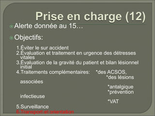 Alerte donnée au 15…
Objectifs:
1.Éviter le sur accident
2.Évaluation et traitement en urgence des détresses
vitales
3.Évaluation de la gravité du patient et bilan lésionnel
initial
4.Traitements complémentaires: *des ACSOS,
*des lésions
associées
*antalgique
*prévention
infectieuse
*VAT
5.Surveillance
6.Transport et orientation
 